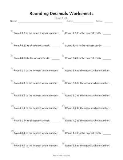Rounding decimals worksheets — Sheet 7