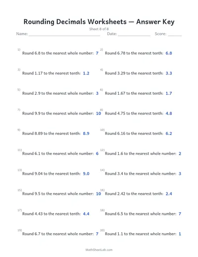 Rounding decimals worksheets — Sheet 8 answers