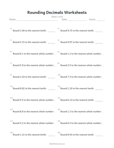Rounding decimals worksheets — Sheet 1