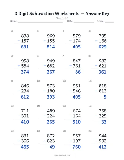 3 digit subtraction worksheets — Sheet 1 answers