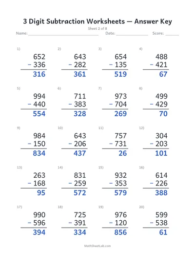 3 digit subtraction worksheets — Sheet 2 answers