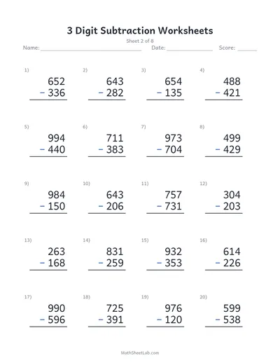3 digit subtraction worksheets — Sheet 2