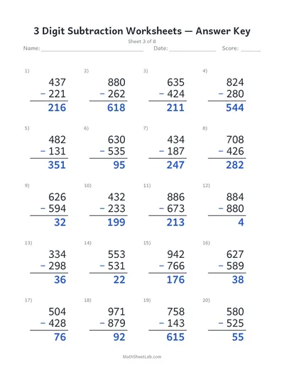 3 digit subtraction worksheets — Sheet 3 answers