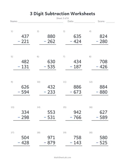 3 digit subtraction worksheets — Sheet 3