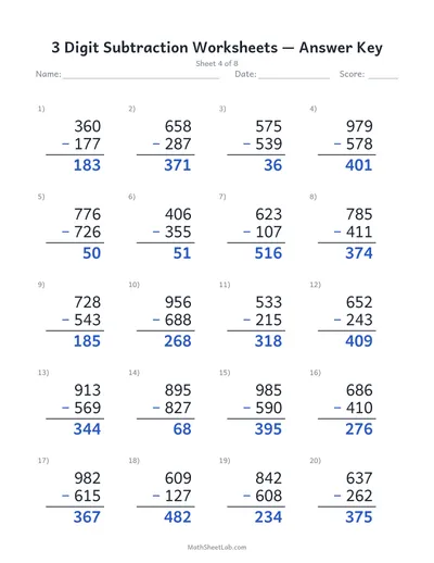 3 digit subtraction worksheets — Sheet 4 answers