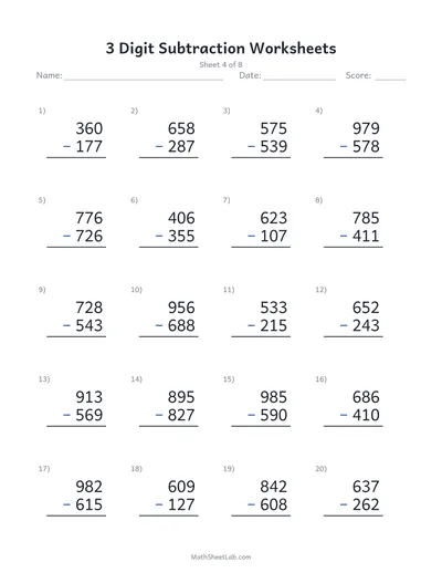 3 digit subtraction worksheets — Sheet 4