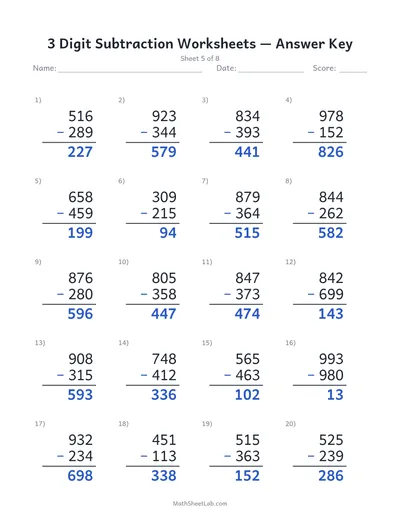 3 digit subtraction worksheets — Sheet 5 answers