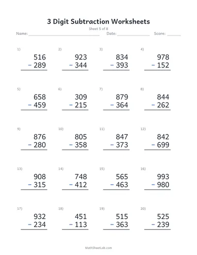 3 digit subtraction worksheets — Sheet 5