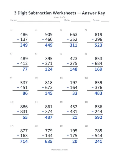 3 digit subtraction worksheets — Sheet 6 answers