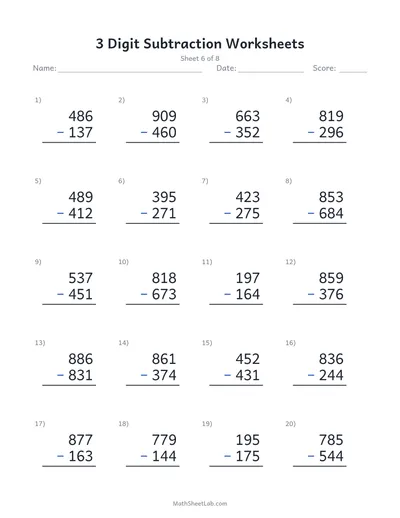 3 digit subtraction worksheets — Sheet 6