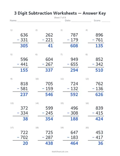 3 digit subtraction worksheets — Sheet 7 answers