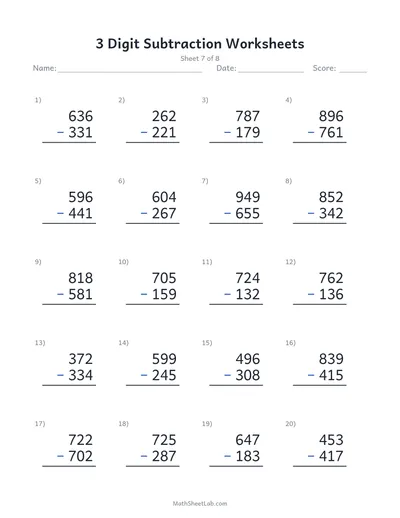 3 digit subtraction worksheets — Sheet 7