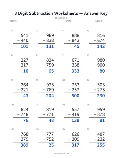 3 digit subtraction worksheets — Sheet 8 answers