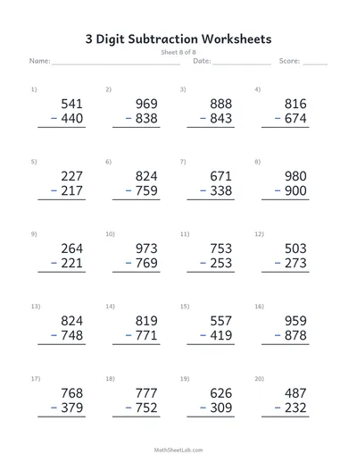 3 digit subtraction worksheets — Sheet 8