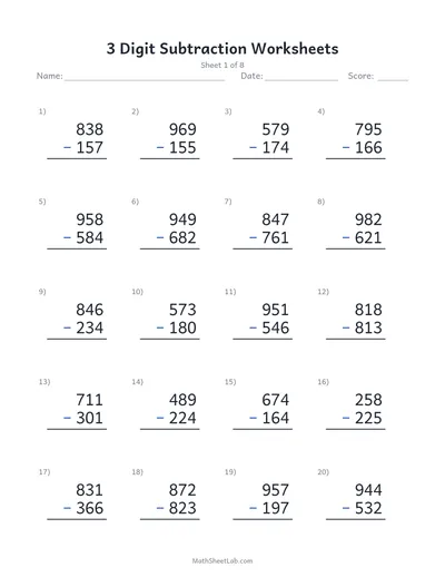 3 digit subtraction worksheets — Sheet 1