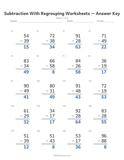 Subtraction with regrouping worksheets — Sheet 1 answers