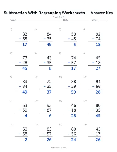 Subtraction with regrouping worksheets — Sheet 2 answers