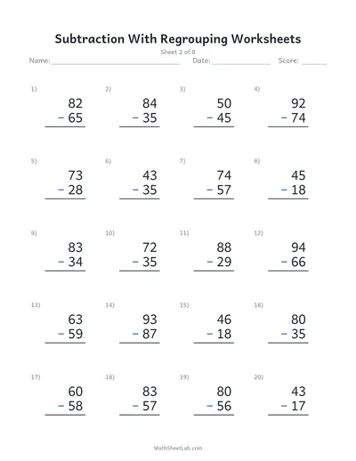Subtraction with regrouping worksheets — Sheet 2