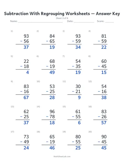 Subtraction with regrouping worksheets — Sheet 3 answers