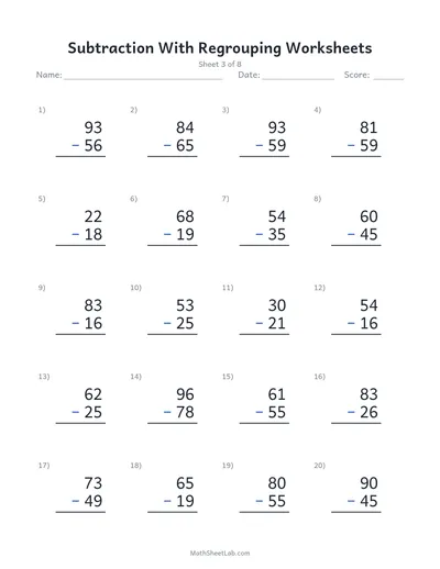 Subtraction with regrouping worksheets — Sheet 3