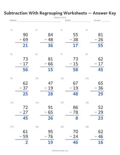 Subtraction with regrouping worksheets — Sheet 4 answers