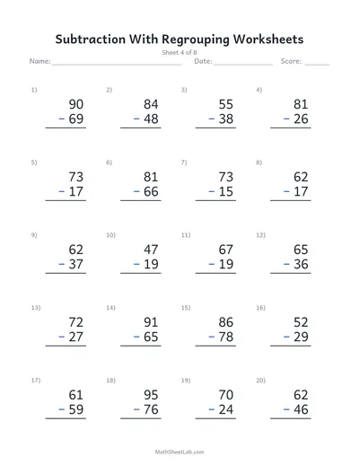 Subtraction with regrouping worksheets — Sheet 4