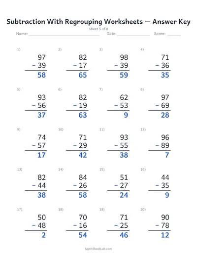 Subtraction with regrouping worksheets — Sheet 5 answers