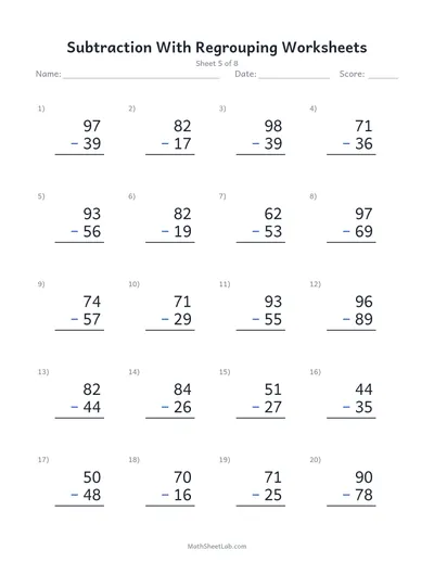 Subtraction with regrouping worksheets — Sheet 5