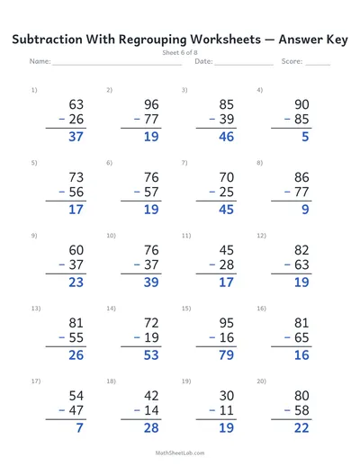 Subtraction with regrouping worksheets — Sheet 6 answers