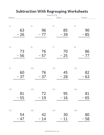 Subtraction with regrouping worksheets — Sheet 6