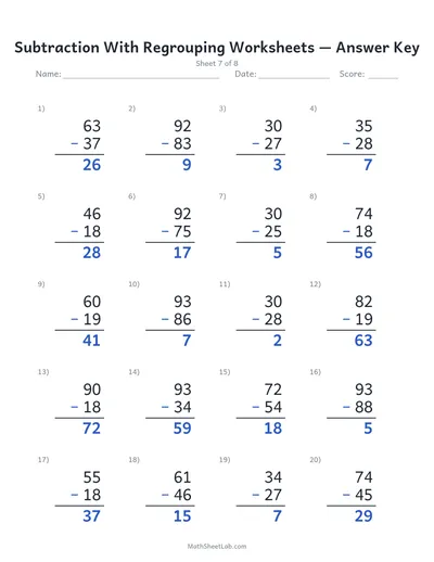 Subtraction with regrouping worksheets — Sheet 7 answers