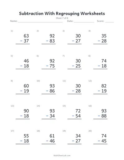 Subtraction with regrouping worksheets — Sheet 7