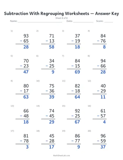 Subtraction with regrouping worksheets — Sheet 8 answers