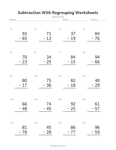 Subtraction with regrouping worksheets — Sheet 8