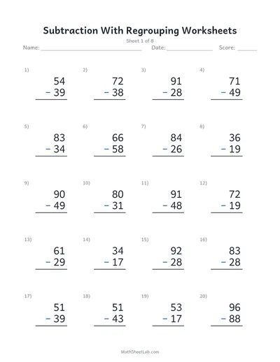 Subtraction with regrouping worksheets — Sheet 1