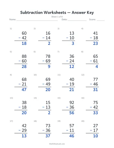 Subtraction worksheets — Sheet 1 answers