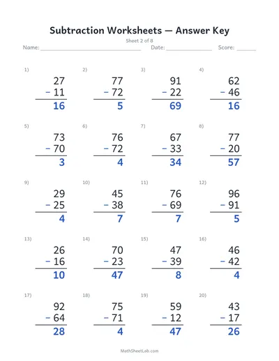 Subtraction worksheets — Sheet 2 answers