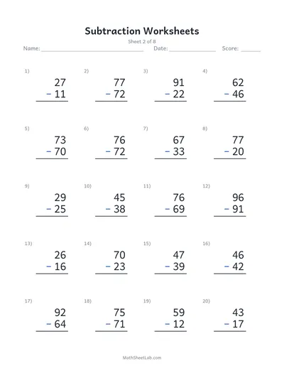 Subtraction worksheets — Sheet 2