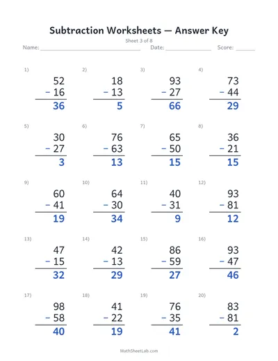 Subtraction worksheets — Sheet 3 answers