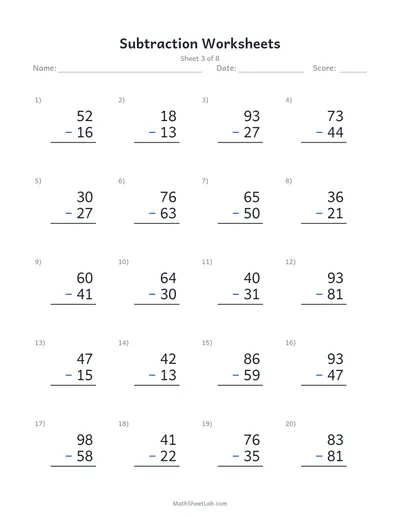 Subtraction worksheets — Sheet 3