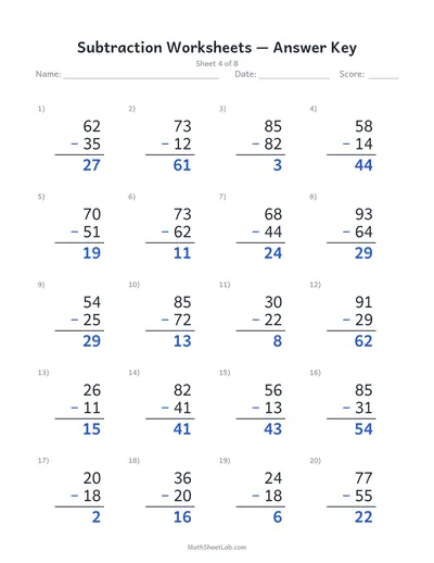 Subtraction worksheets — Sheet 4 answers