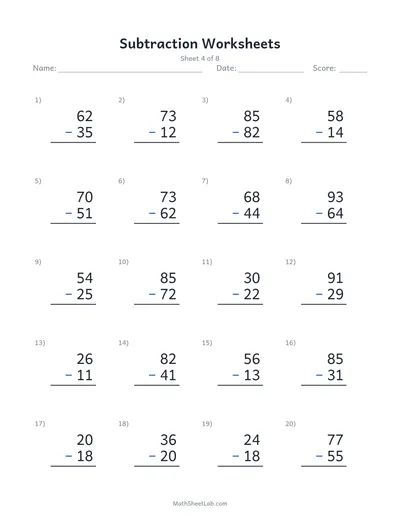Subtraction worksheets — Sheet 4