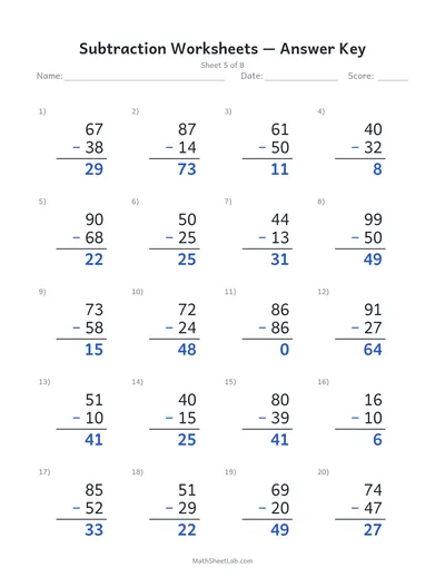 Subtraction worksheets — Sheet 5 answers