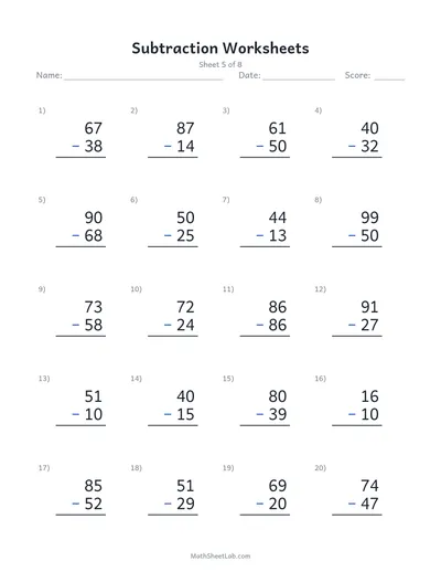 Subtraction worksheets — Sheet 5