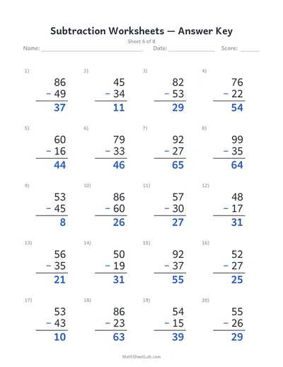 Subtraction worksheets — Sheet 6 answers