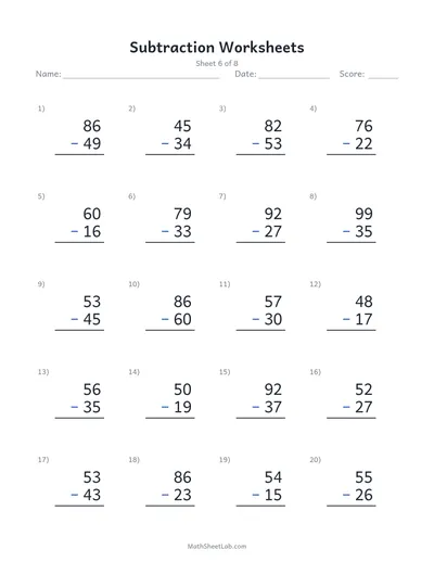 Subtraction worksheets — Sheet 6