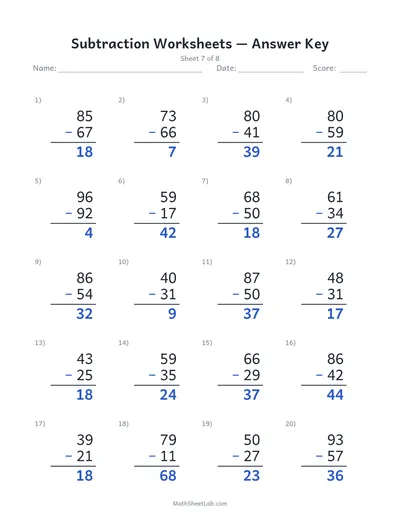 Subtraction worksheets — Sheet 7 answers