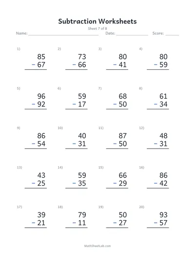 Subtraction worksheets — Sheet 7
