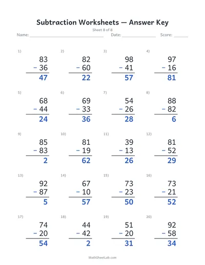 Subtraction worksheets — Sheet 8 answers