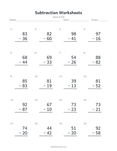 Subtraction worksheets — Sheet 8